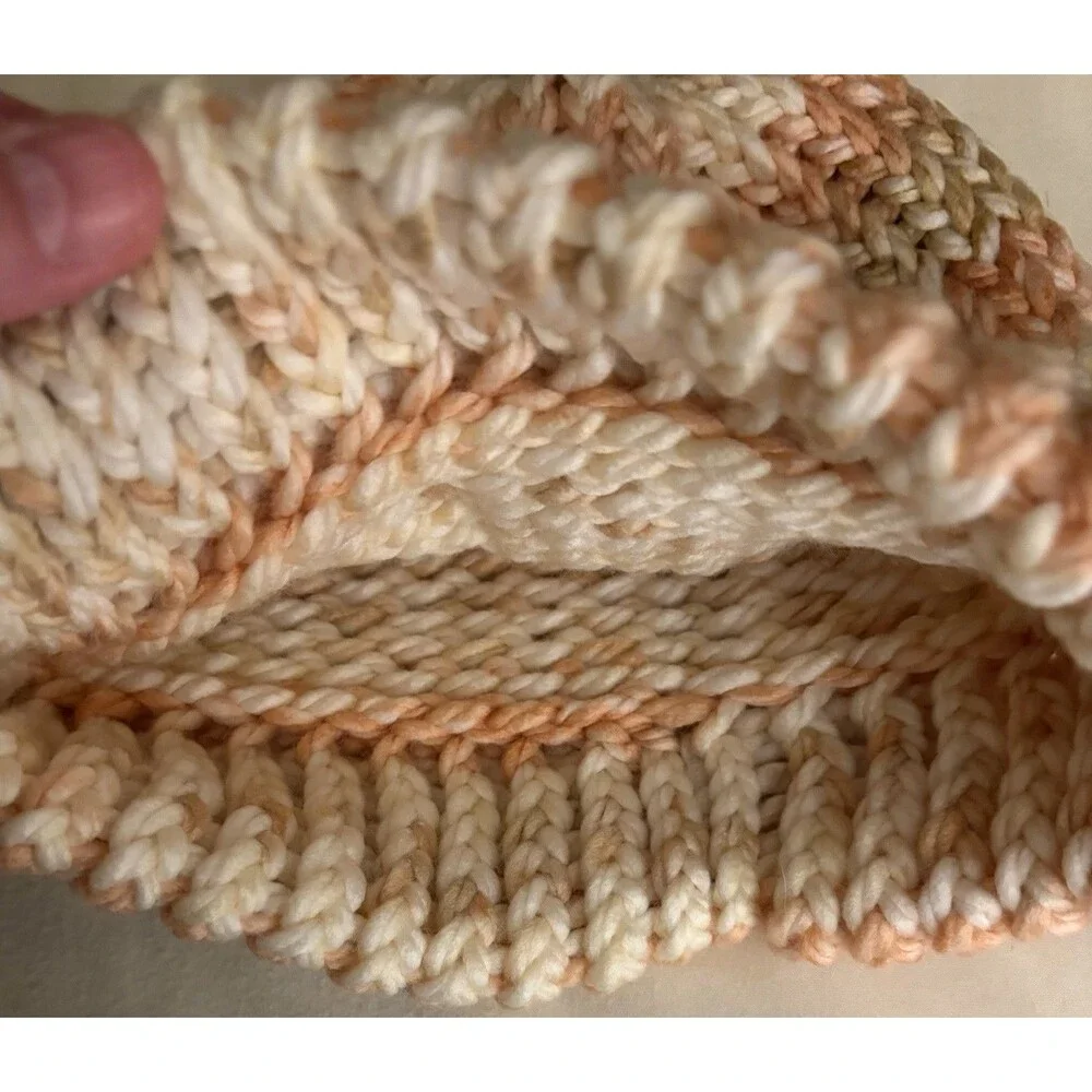 Handmade Knit Beanie Hat Pink White Brown Winter Warm Cozy